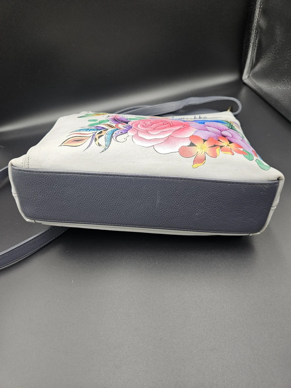 Anuschka Gray Crossbody with Colorful Floral Lion Motif